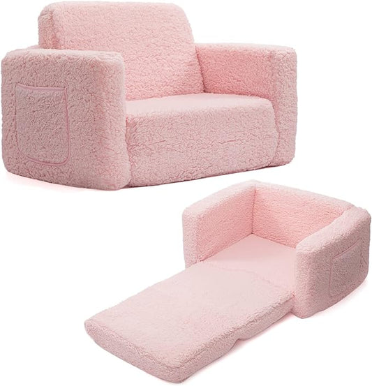 ALIMORDEN 2-in-1 Flip Out Cuddly Sherpa Toddler Couch Convertible Sofa to Lounger, Pink